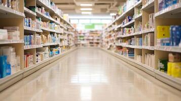 Aisle in Modern Grocery Store with Well-Stocked Shelves and Bright Lighting photo