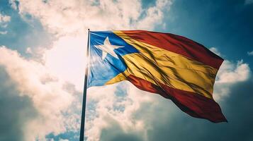Lone Multi-Colored Flag Waving Majestically Against a Dramatic Cloudy Sky Background photo