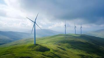 Sustainable Wind Turbines Generating Renewable Energy on Rolling Green Hills photo