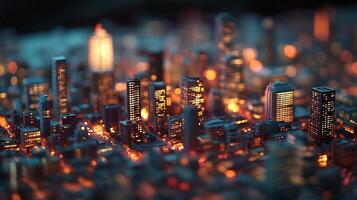 Miniature City in Warm Evening Light with Illuminated Skyscrapers Creating a Glowing Urban Landscape photo