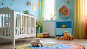 Bright Cheerful Childs Bedroom with White Crib and Soft Toy on a Colorful Circular Rug photo