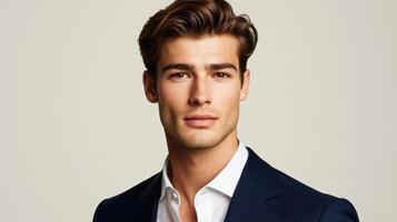 Young man in blue suit with confident expression on light background photo