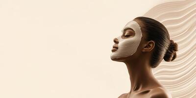 Woman with facial mask and flowing hair effect in skincare and relaxation concept photo