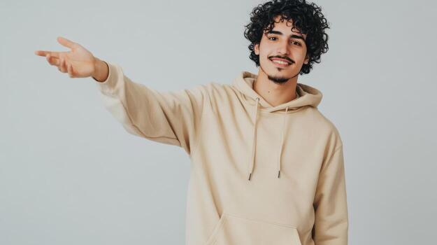 Smiling young man in beige hoodie gesturing while standing against light background photo