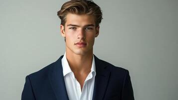 Confident young male with stylish attire posing in modern suit for professional portrait photo