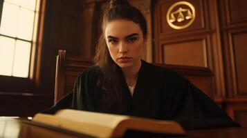 Confident female judge in traditional courtroom setting for justice concept photo
