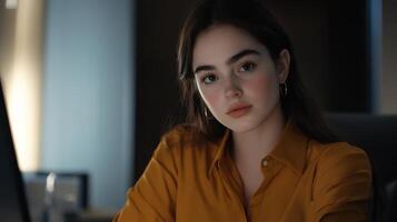 Young woman posing indoors in professional environment concept photo