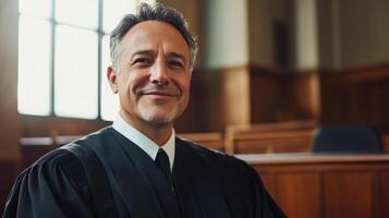 Confident male judge in courtroom setting highlighting authority and justice photo