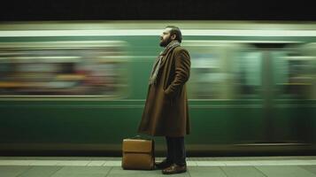 Male traveler with suitcase on platform as train rushes in station photo