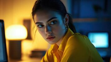 Woman focused on screen with soft lamp light photo