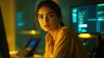 Young woman in modern office setting working on computer at night photo