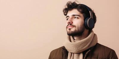 Young man with headphones and scarf enjoying music on beige background photo