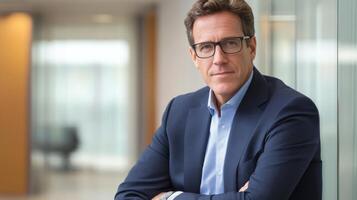 Confident businessman with glasses standing in office hallway photo