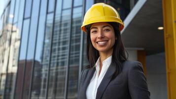 Confident female architect in yellow hard hat smiling in urban setting photo