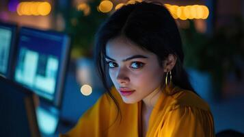 Female professional in yellow top working at computer in office environment at night photo