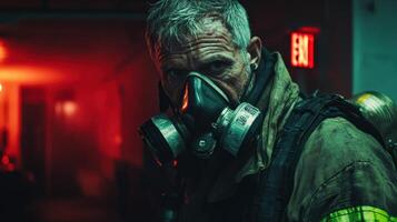 Firefighter in gas mask in dimly lit environment with red emergency exit sign photo
