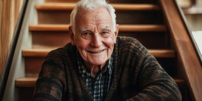 Elderly man smiling while sitting on wooden stairs in cozy home environment photo