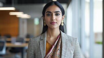 Confident indian businesswoman in traditional attire in modern office setting photo