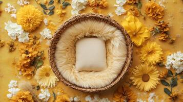 Cozy wicker basket with cushion surrounded by yellow and white flowers photo