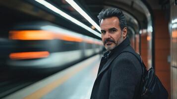 Mature man waiting for train in subway station in urban environment photo