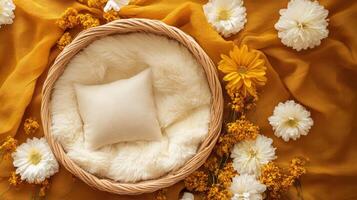 Cozy basket with cushion amidst daisies and floral arrangements in warm tones photo