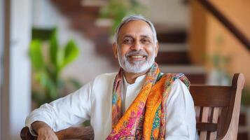 Senior man smiling in traditional colorful attire at home environment photo