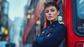 Confident female bus driver posing by a red double-decker bus in the city photo