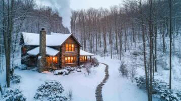 Cozy snow-covered log cabin in a winter forest surrounded by bare trees photo
