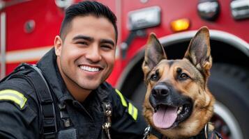 Smiling firefighter with german shepherd dog in front of red fire truck photo