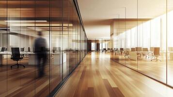 Modern office with glass partitions and wooden flooring in a professional workspace photo