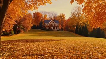 Charming house surrounded by vibrant autumn trees on sunny day in countryside photo