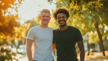 Two happy friends enjoying a sunny day outdoors while posing and smiling photo