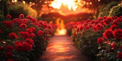 Vibrant red roses in a lush garden pathway illuminated by warm sunset glow photo