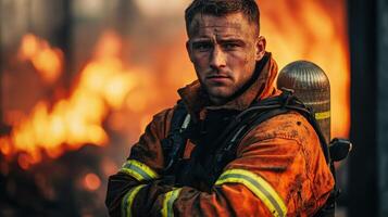 Determined male firefighter in protective gear standing amidst blazing flames photo