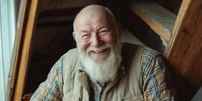Elderly man smiling warmly in a rustic setting with wooden background photo