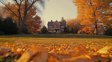 Vintage house amidst vibrant autumn foliage and lush lawn embraced by golden leaves photo