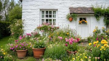 Charming white cottage with lush garden featuring colorful flowers and greenery