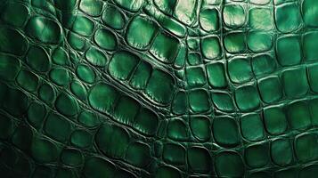 Green crocodile leather texture closeup showing intricate reptile pattern design photo