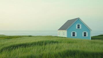 Tranquil blue house amid tall green grass at seaside serenity photo