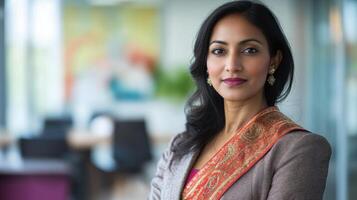Confident female professional in elegant attire in modern office setting photo