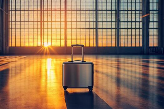 Lone silver suitcase at sunset in spacious empty airport terminal photo