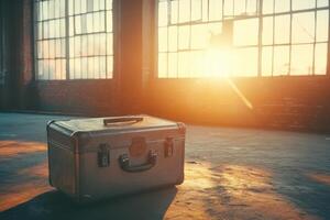 Vintage suitcase in sunlit industrial warehouse capturing retro vibe and warm atmosphere photo
