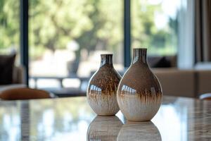 Elegant ceramic vases with unique patterns on reflective surface indoors photo
