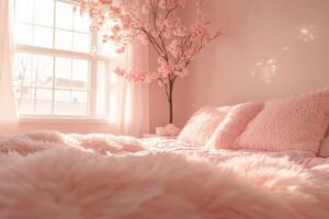 Cozy bedroom decor with soft pink textiles and cherry blossom accent photo