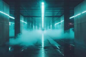 Mysterious underground passage with foggy atmosphere and neon lights photo