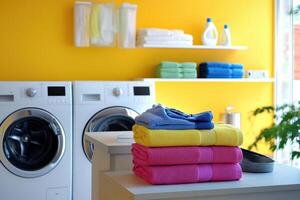 Bright laundry room with colorful towels and modern washing machines photo