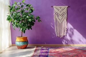 Cozy bohemian interior with macrame decor and colorful textiles highlighting wall art photo