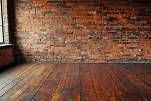Rustic empty room with exposed red brick wall and weathered wooden floor photo