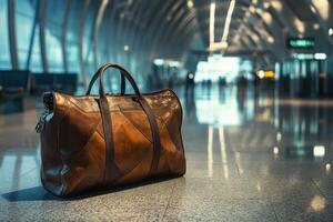Elegant leather travel bag in modern airport terminal setting photo