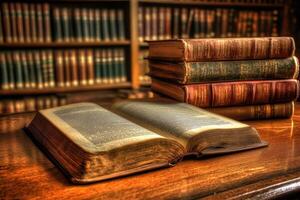 Old books and an open volume on a wooden table in a dimly lit library setting photo